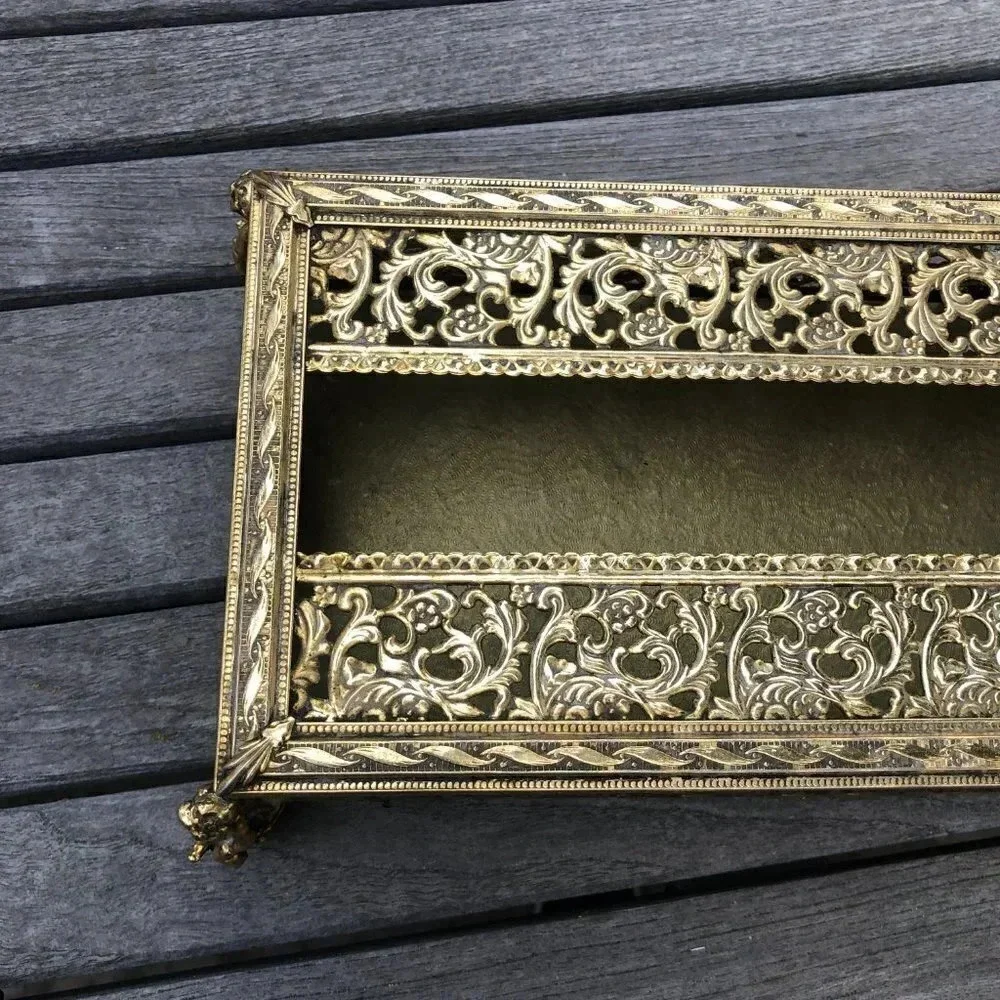 Hollywood Regency Gold Metal Cherub Filagree Tissue Holder